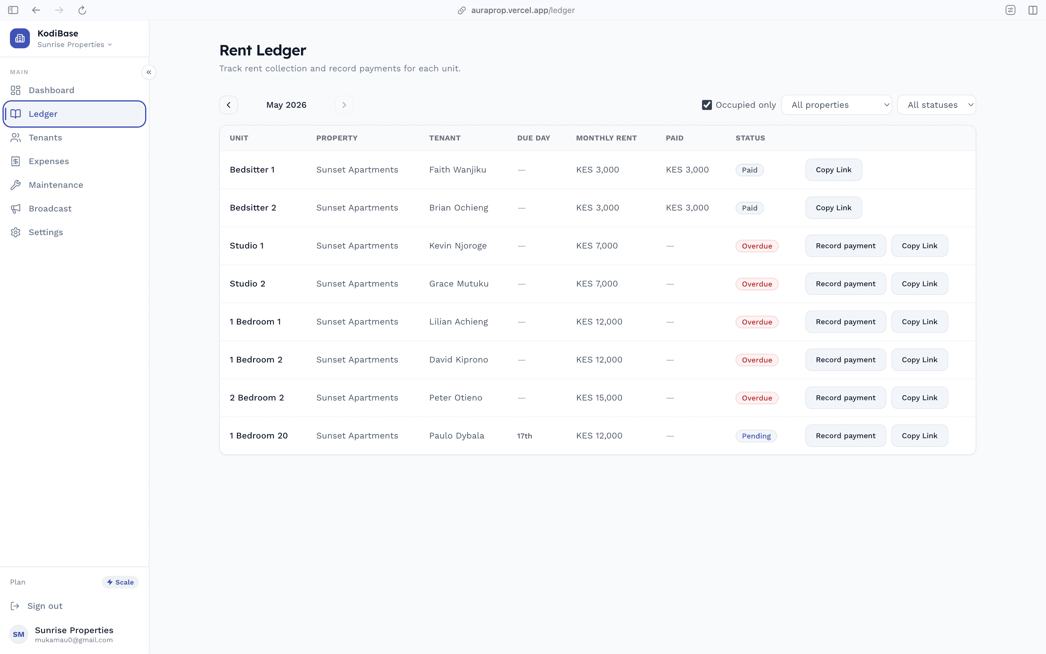 KodiBase rent ledger showing tenant payment statuses